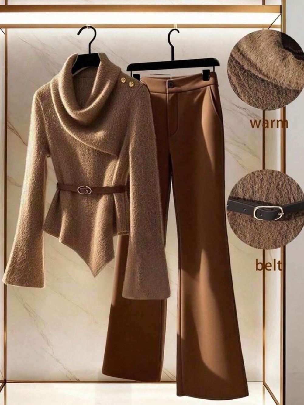 2pcs Women Set With Belt Decor Buckle Flare Pants